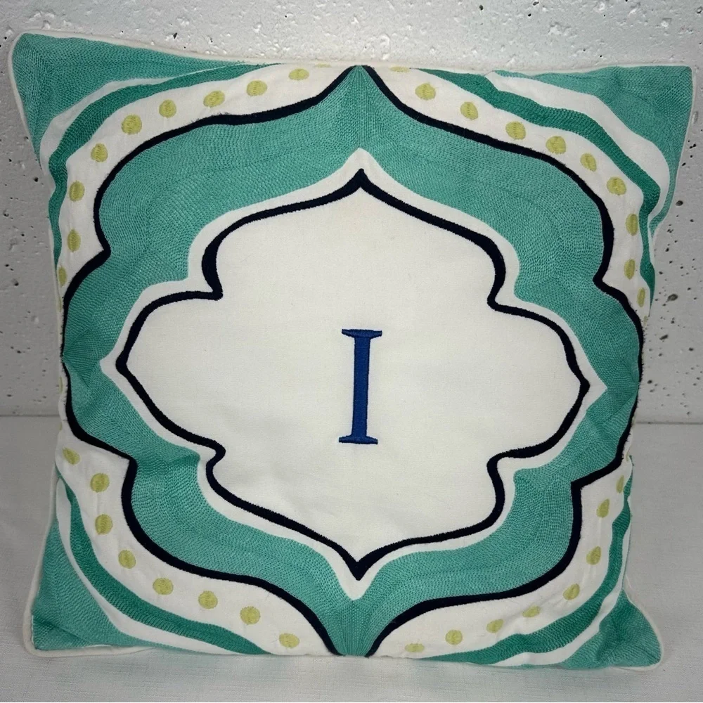 Pottery Barn Teen White Aqua Navy Blue Embroidered Throw Pillow 16x16”